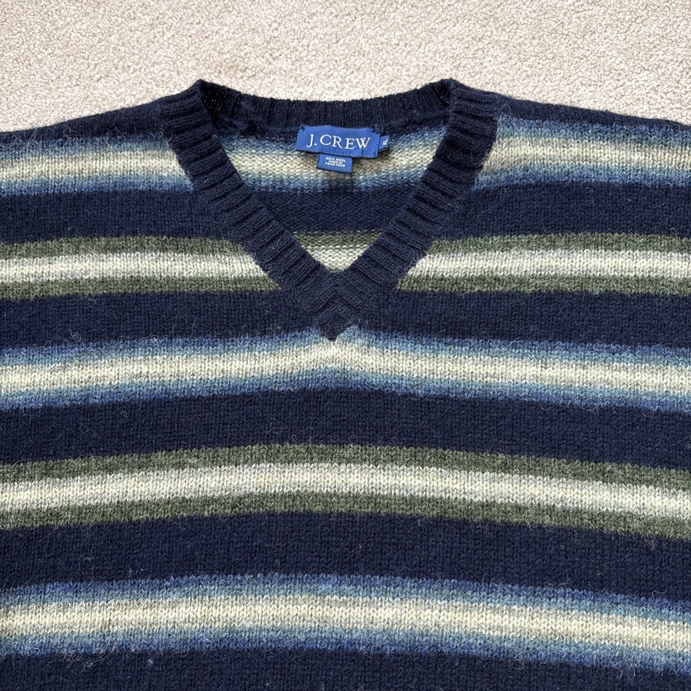 VTG J Crew 100% Wool Striped Sweater Men's XL 90s Preppy Indie Blue - Picture 4 of 7